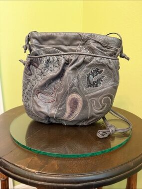 Vintage Gray Leather Crossbody Bag with Snakeskin Detail